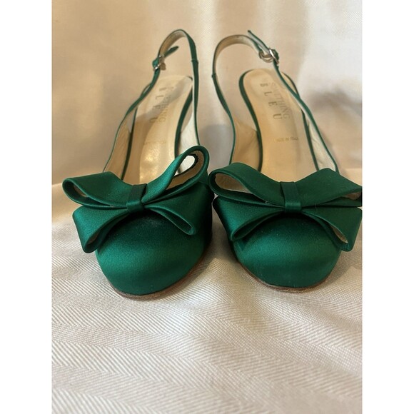 Something‎ Bleu Kelly Green Satin Sling Back Stilettos Platform Heels Bow SZ 7.5 - Picture 2 of 12